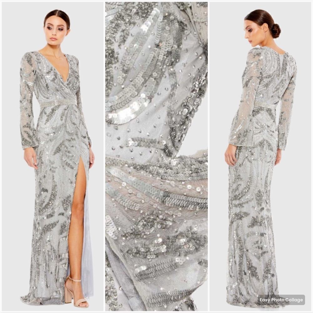 Mac Duggal 5222 Silver SEQUINED FAUX WRAP SPLIT LONG SLEEVE GOWN Dress